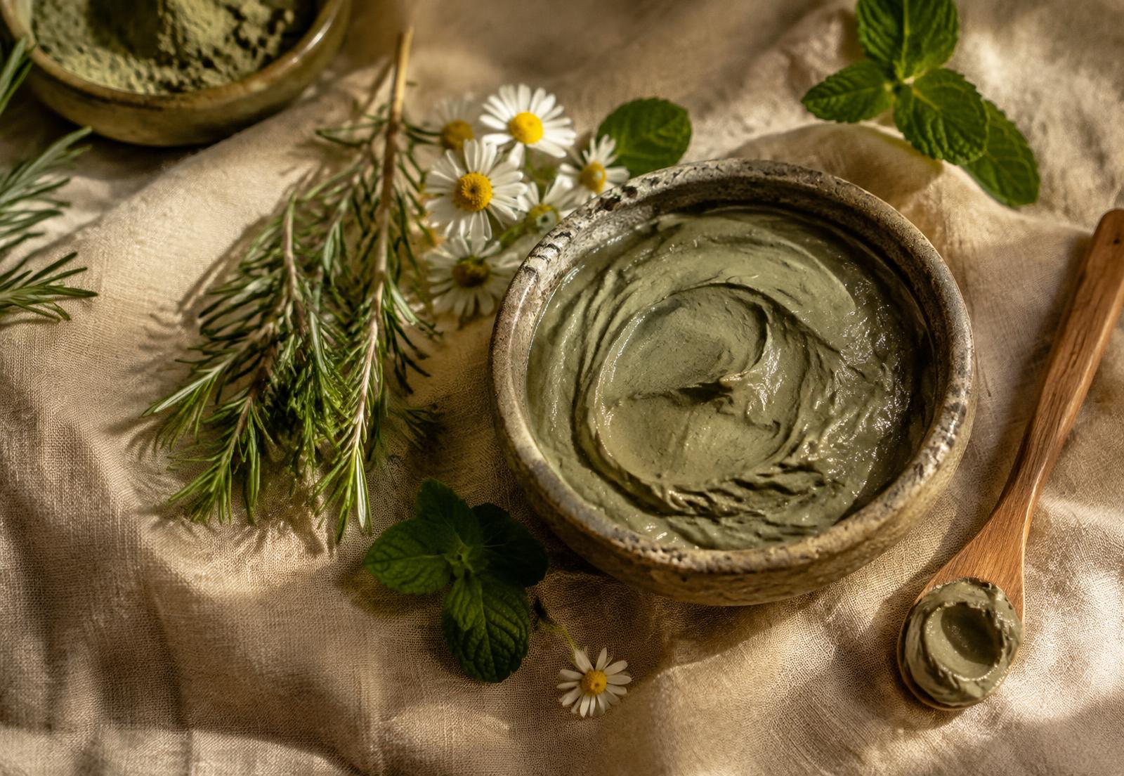 Herbal mud mask with fresh herbs